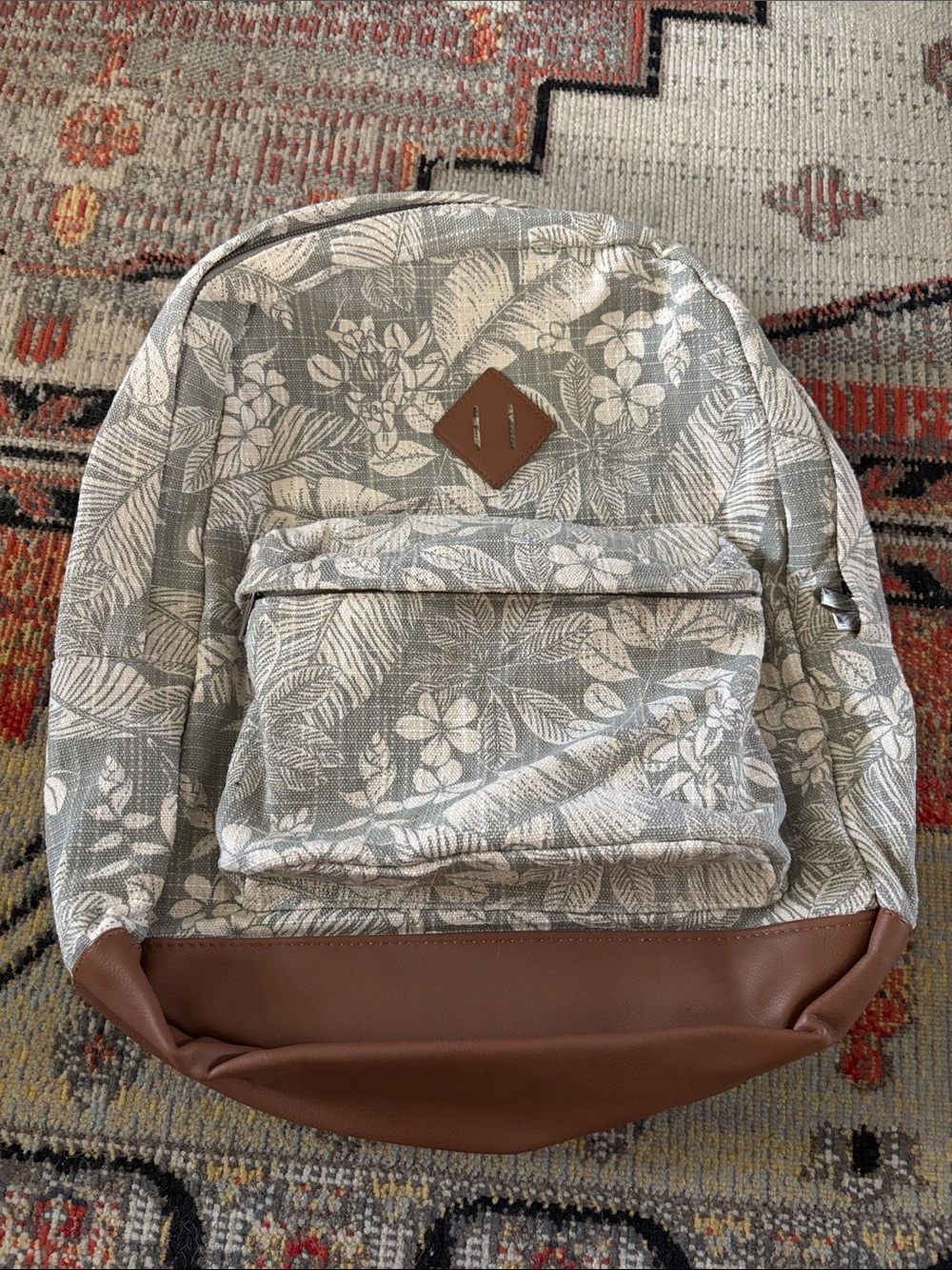 wild fable light green Floral Canvas Backpack with Brown Faux Leather Base
